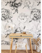 Black and White Peonies Watercolor Large Flowers Wall Mural