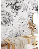 Black and White Peonies Watercolor Large Flowers Wall Mural