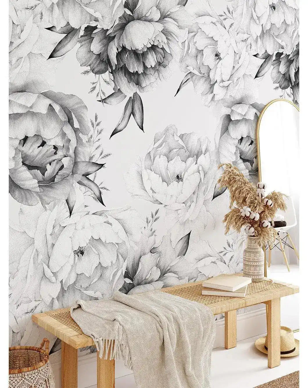 Black and White Peonies Watercolor Large Flowers Wall Mural