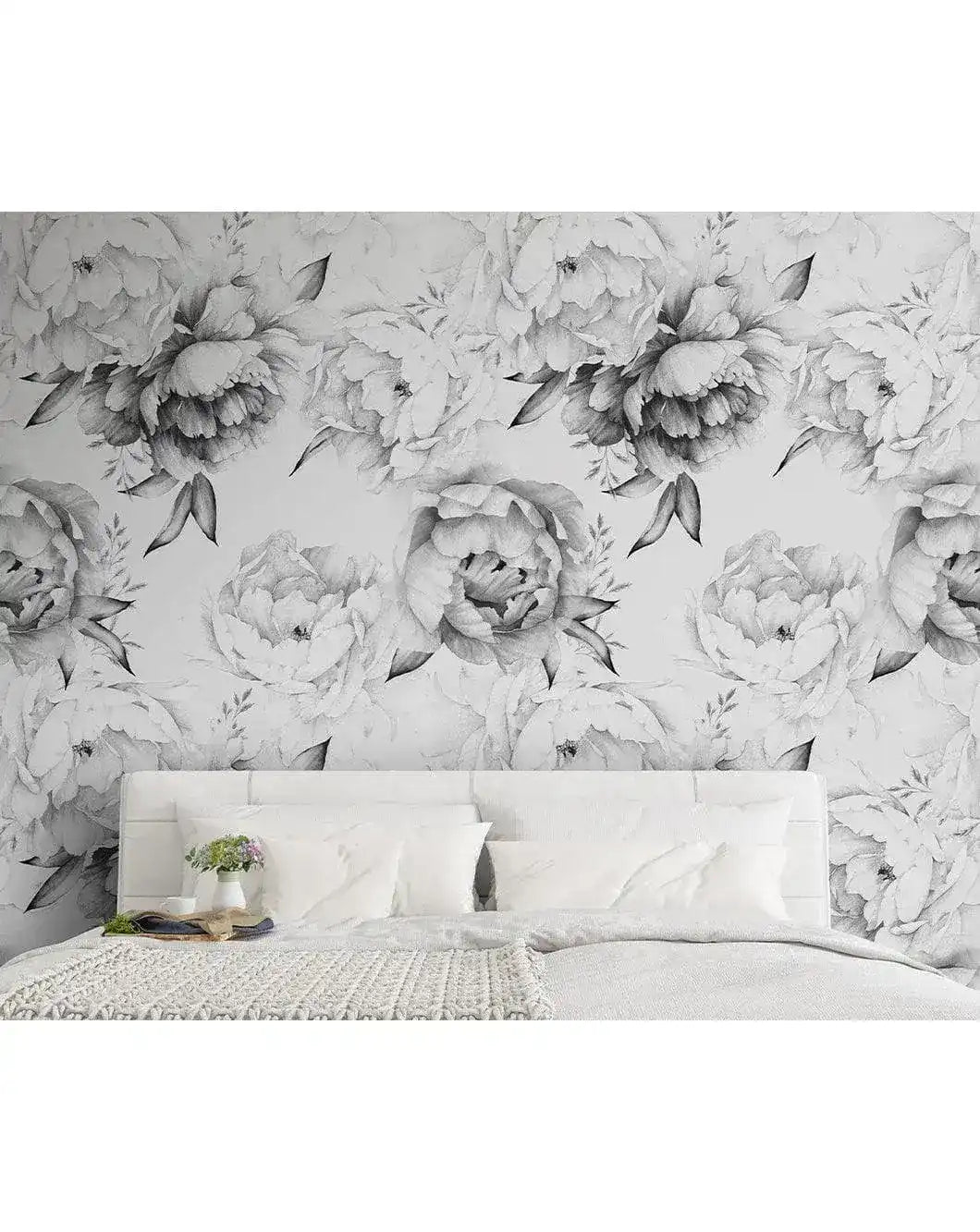 Black and White Peonies Watercolor Large Flowers Wall Mural
