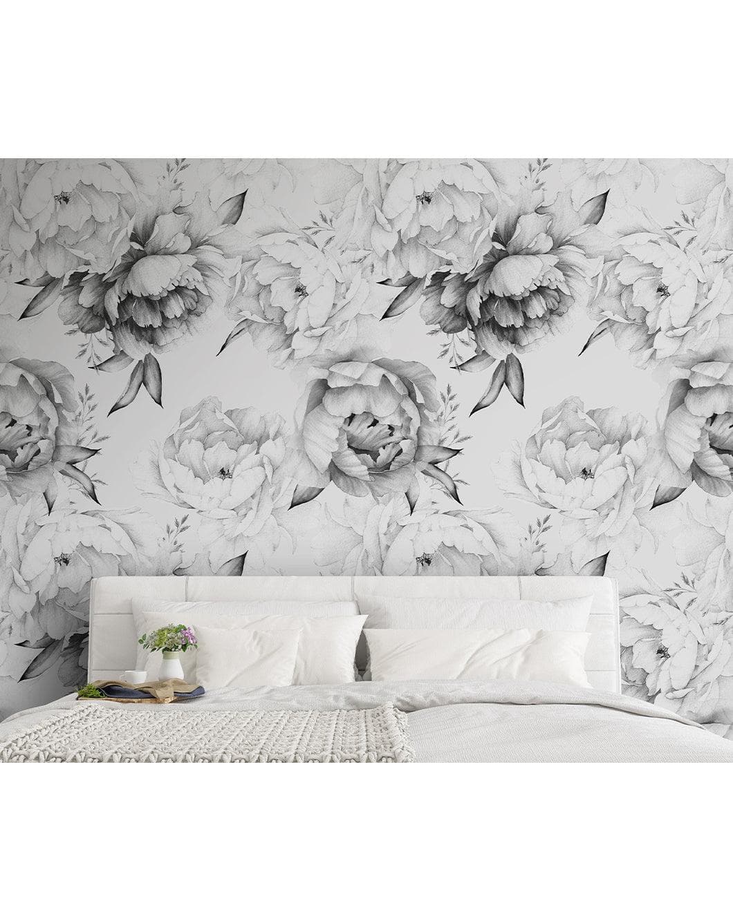 Black and White Peonies Watercolor Large Flowers Wall Mural - MAIA HOMES