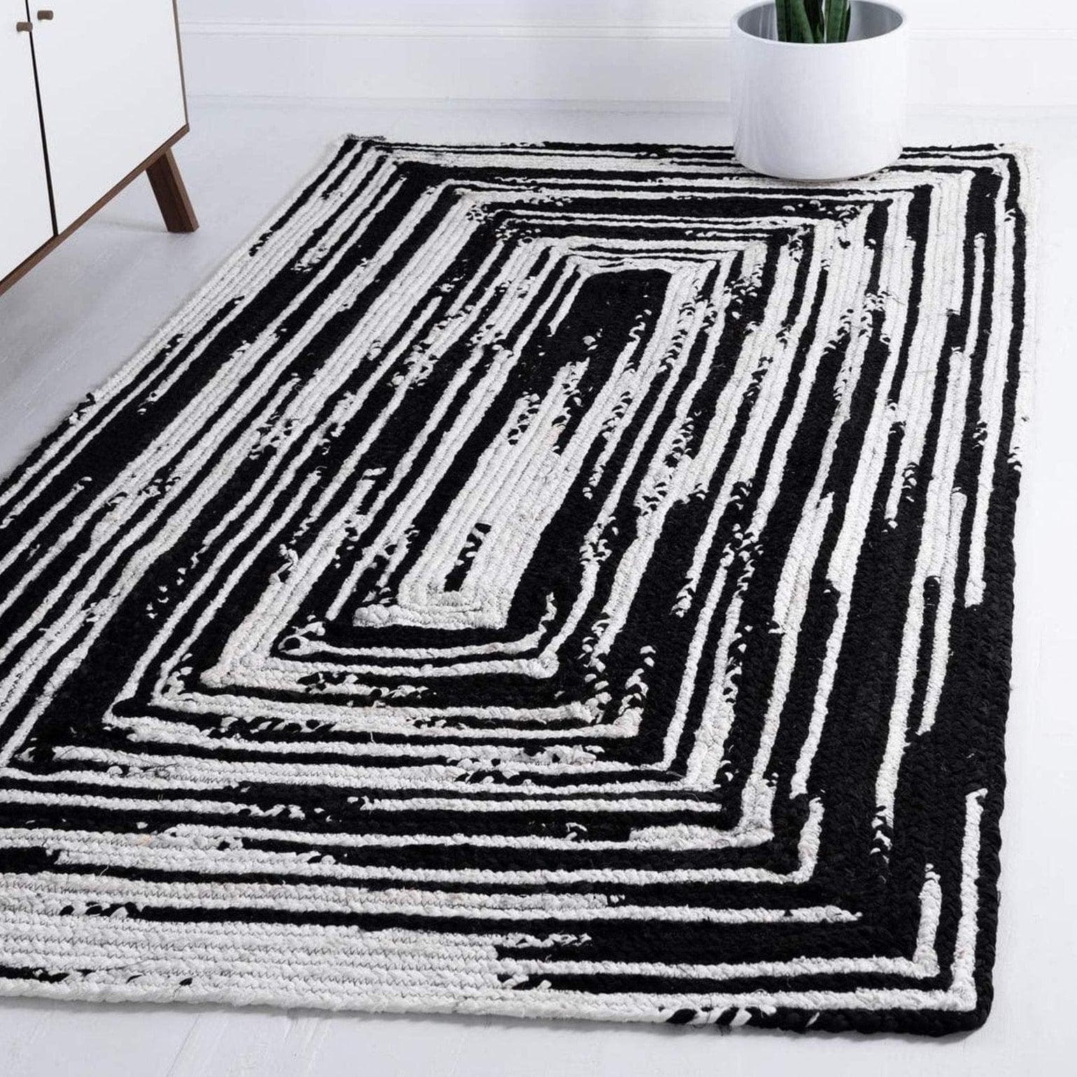 Black and White Rectangular Hand Made Cotton Rug