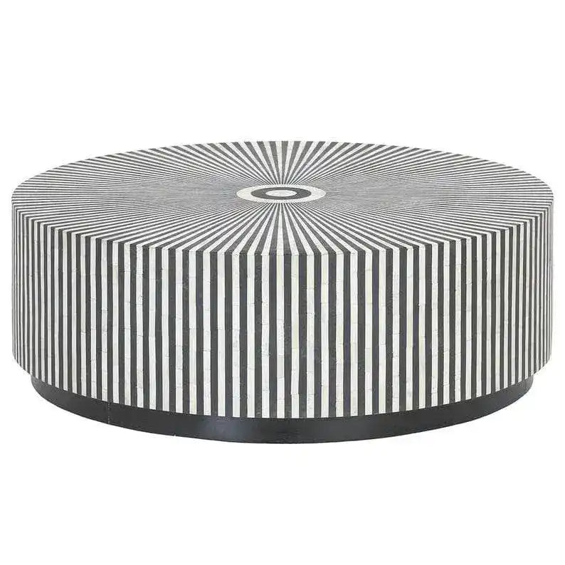 Black and White Stripe Bone Inlay Round Coffee Table with a radiating sunburst pattern and black base