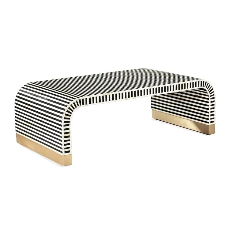 Black and White Stripe Waterfall Bone Inlay Coffee Table with Brass Leg