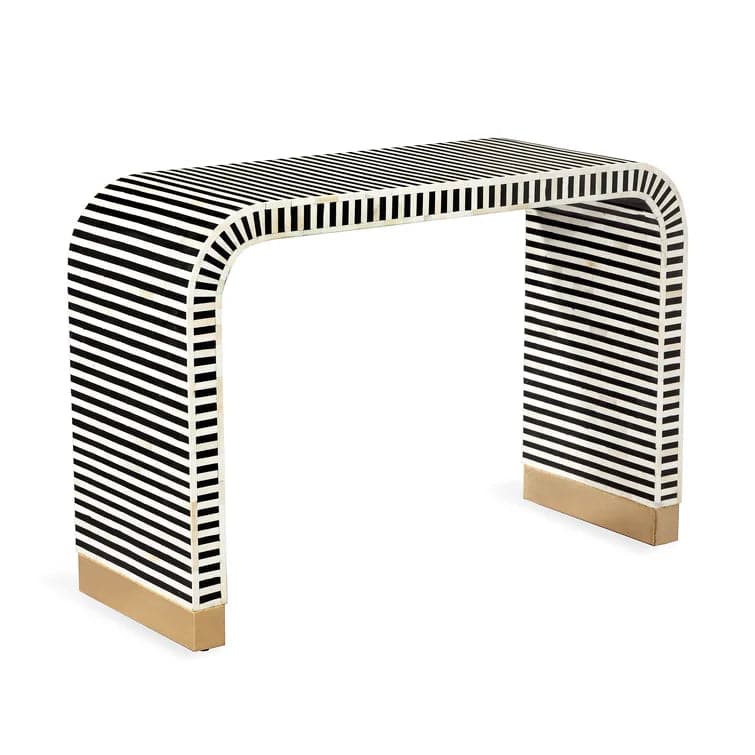 Black and White Stripe Waterfall Bone Inlay Console Table with Brass Leg - MAIA HOMES