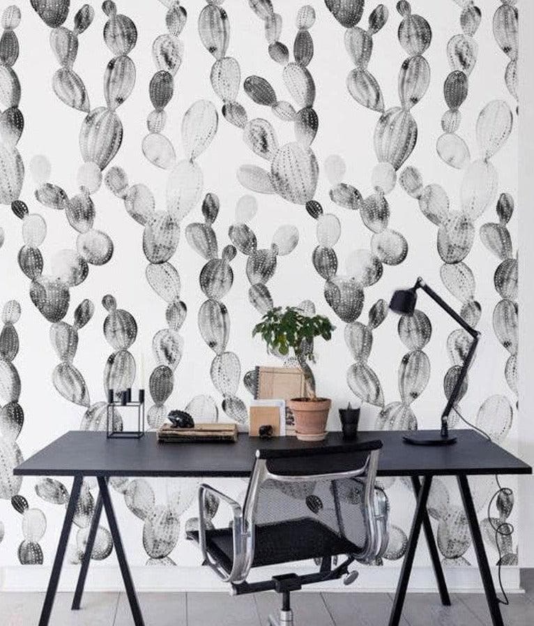 Black and White Watercolor Cactus Wallpaper - MAIA HOMES