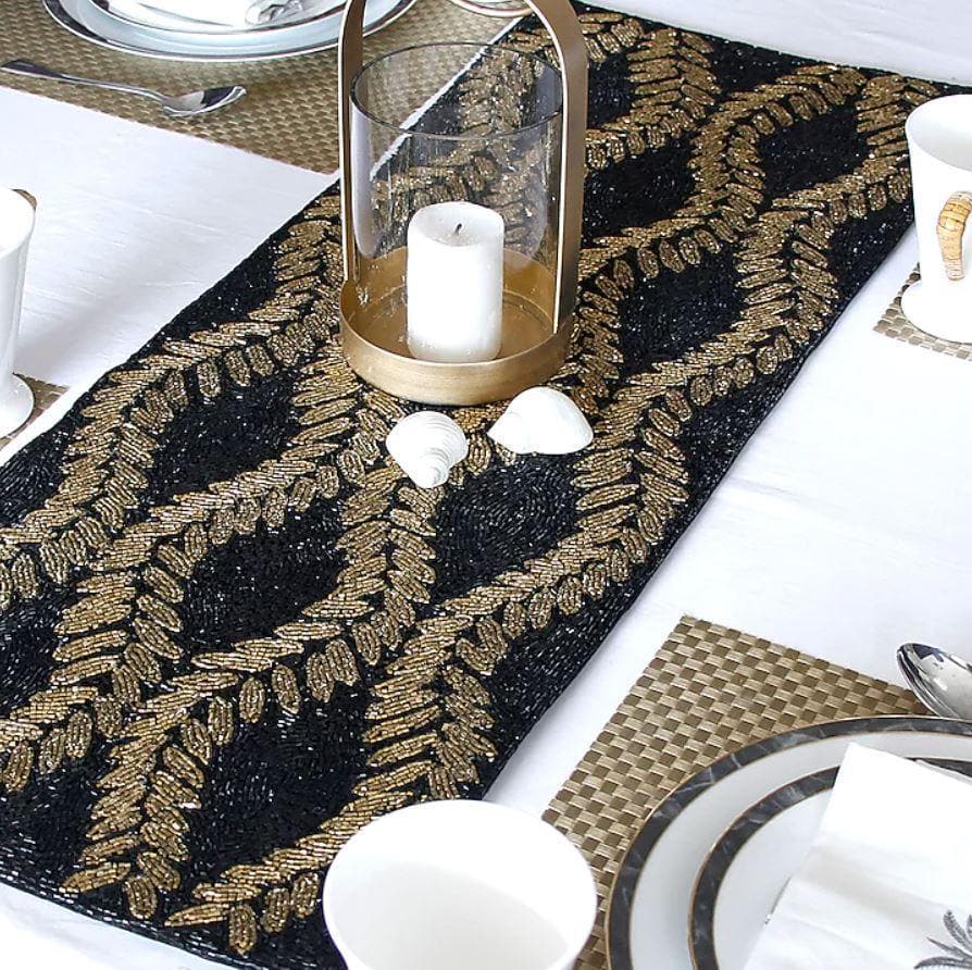Black Canvas Handcrafted Beaded Table Runner - MAIA HOMES