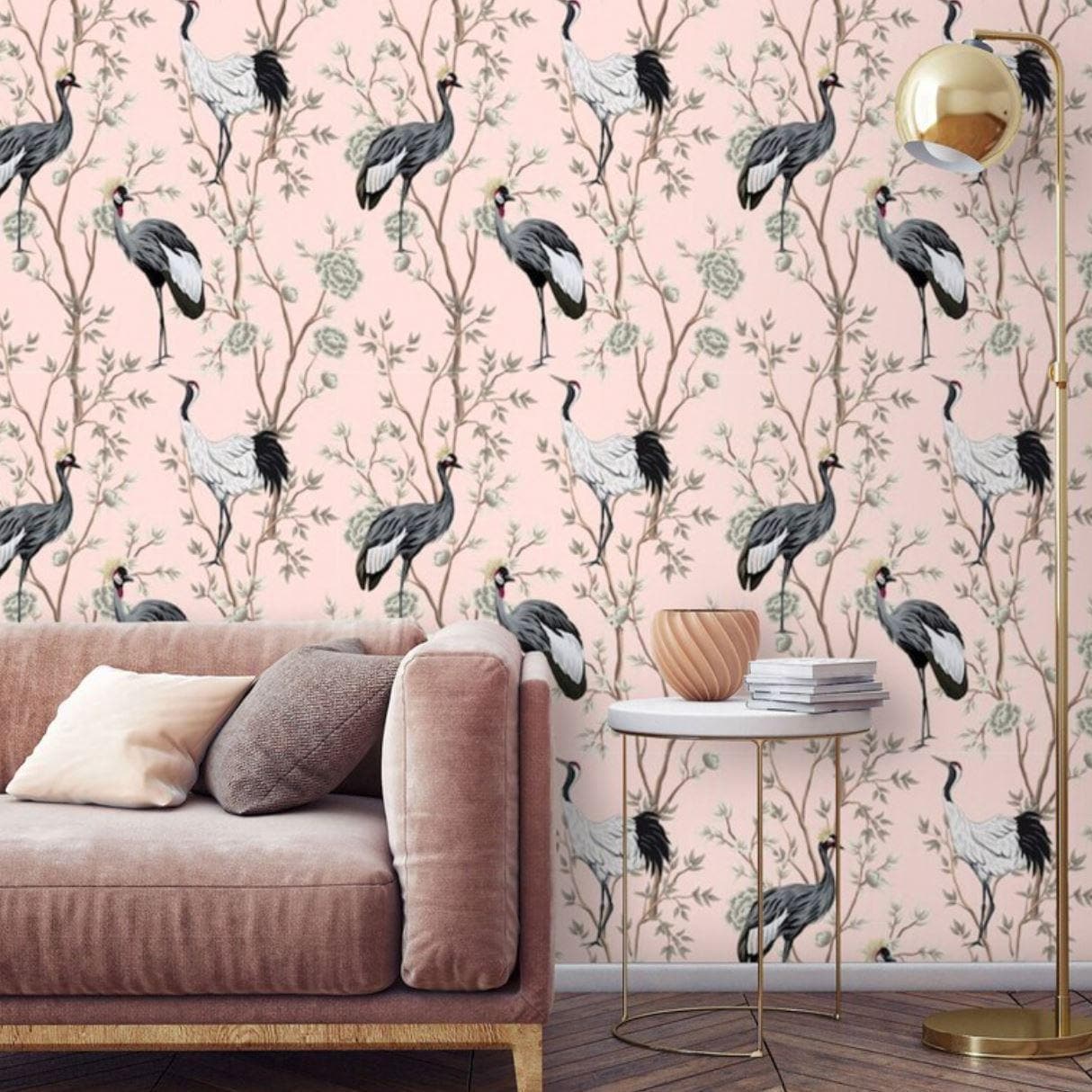 Black Cranes and Pink Chinoiserie Wall Mural