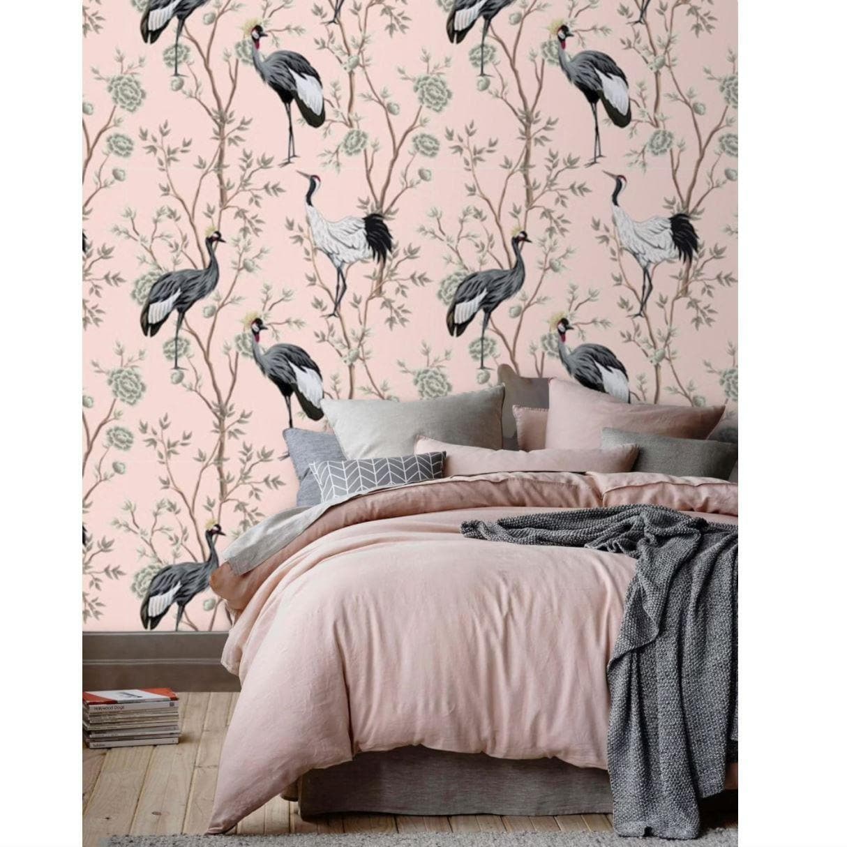 Black Cranes and Pink Chinoiserie Wall Mural