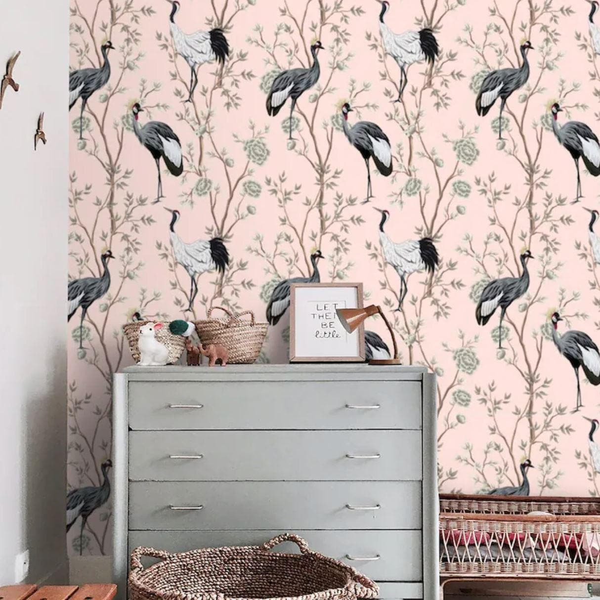 Black Cranes and Pink Chinoiserie Wall Mural