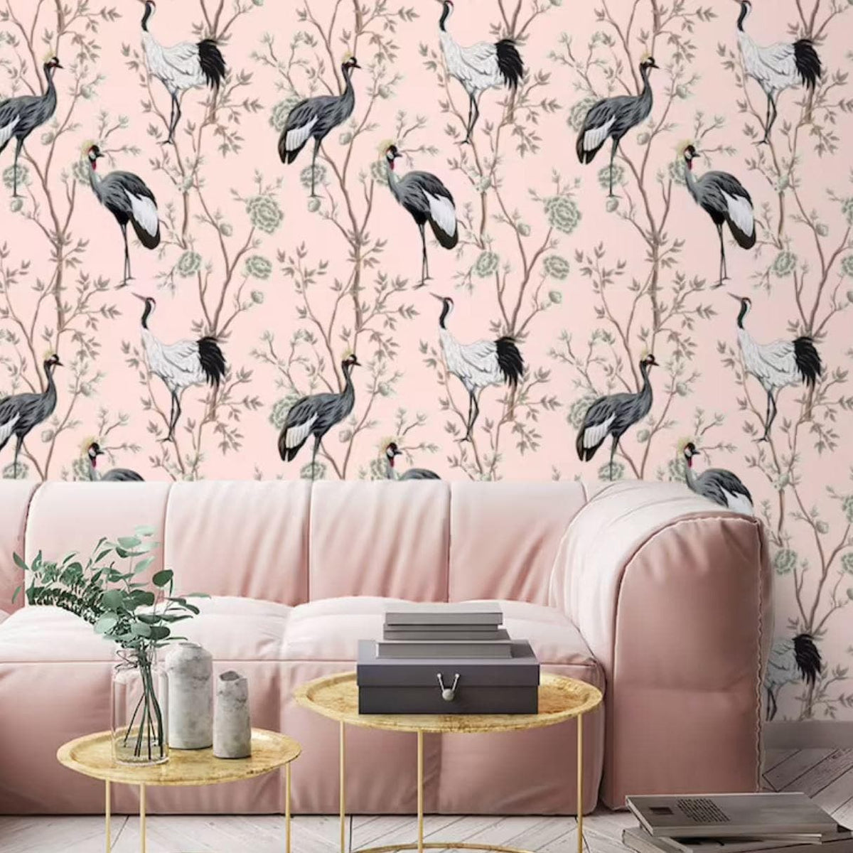 Black Cranes and Pink Chinoiserie Wall Mural