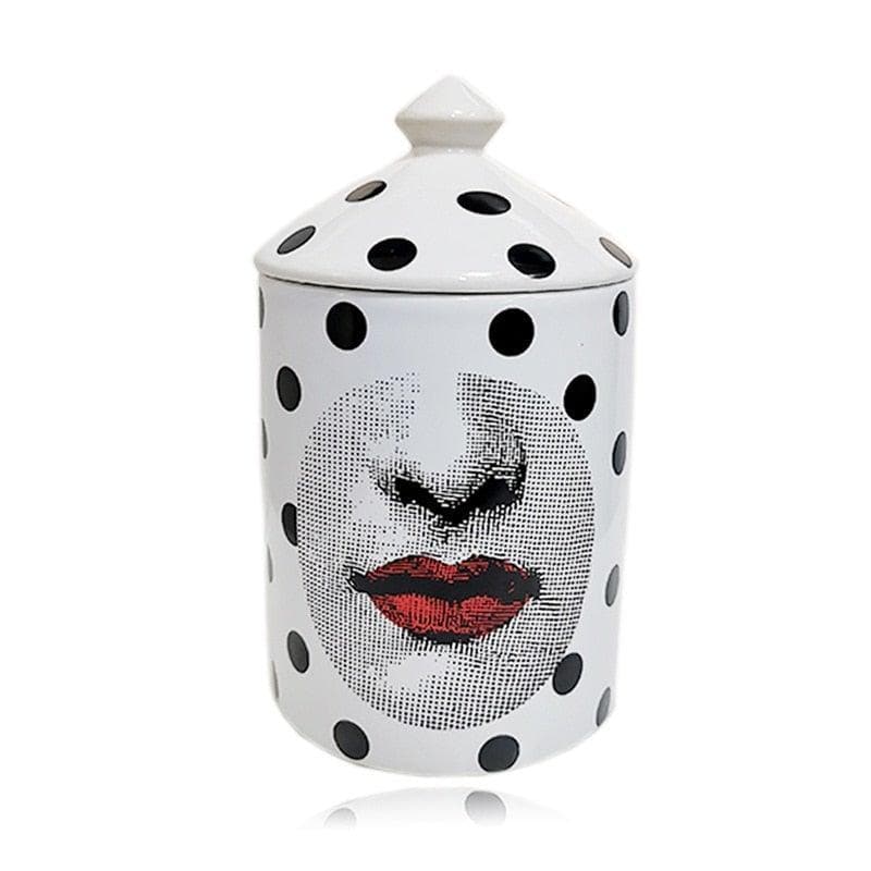 Black Dots and Red Lip Ceramic Tower Jar with Lid