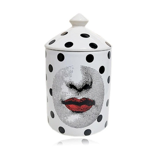 Black Dots and Red Lip Ceramic Tower Jar with Lid - MAIA HOMES