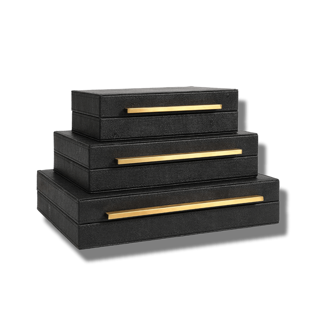 Black Faux Shagreen Leather Storage Boxes - Set of 3