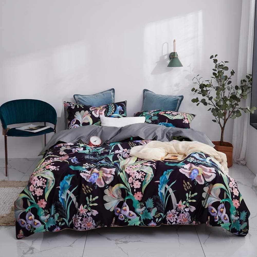 Black Floral Leaves Duvet Cover Set