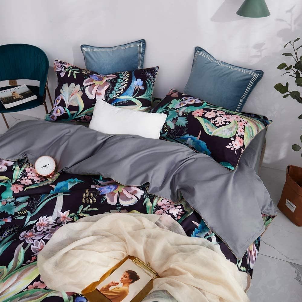 Black Floral Leaves Duvet Cover Set