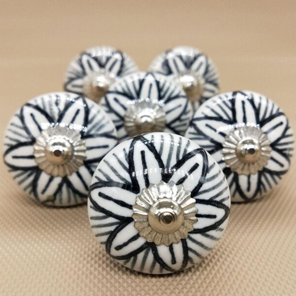 Black Flower Stripe Ceramic Knobs - Set of 6 - MAIA HOMES