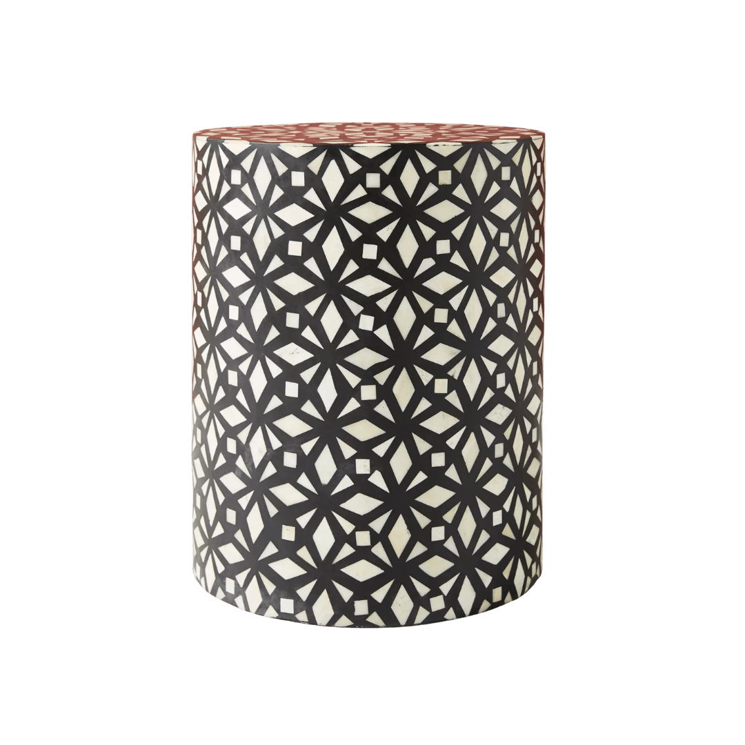 Black Geometric Bone Inlay Drum Side Table