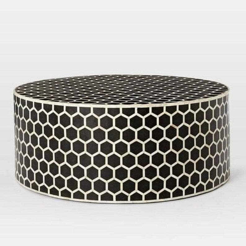 Black Honeycomb Bone Inlay Round Coffee Table