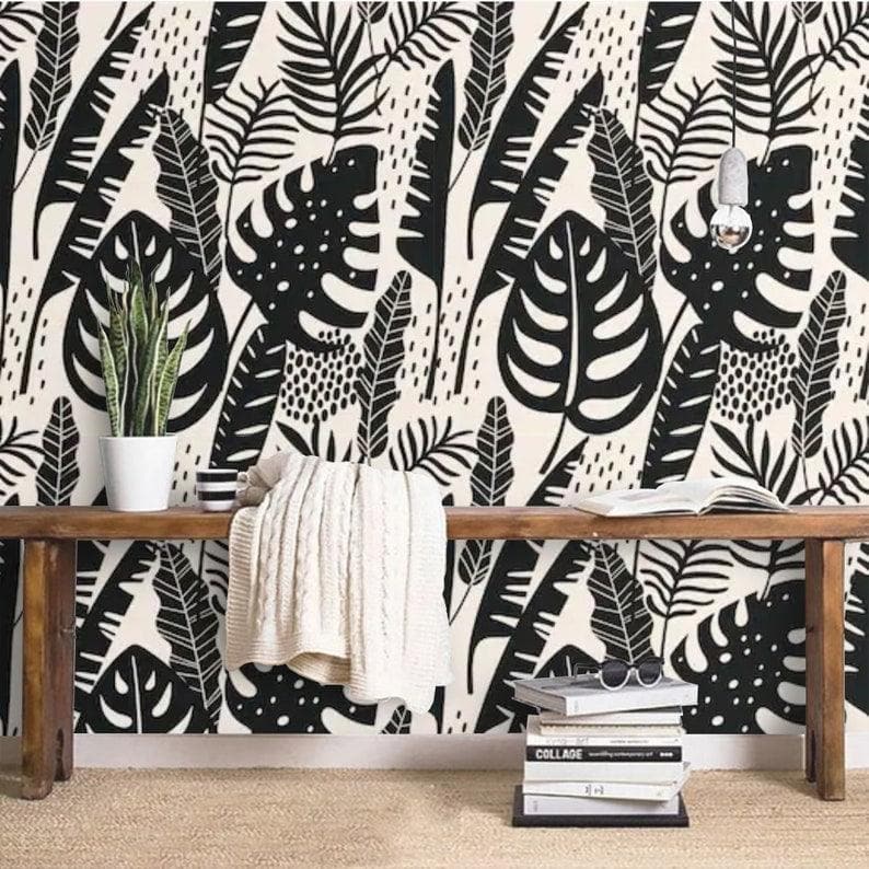 Black Illustrated Monstera Botanical Wallpaper