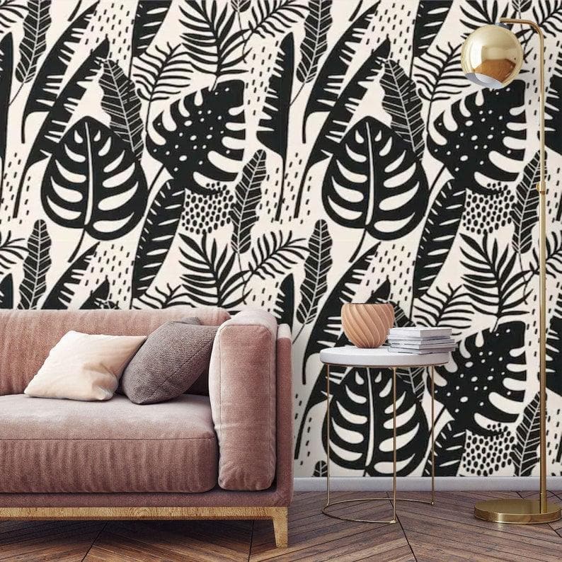 Black Illustrated Monstera Botanical Wallpaper