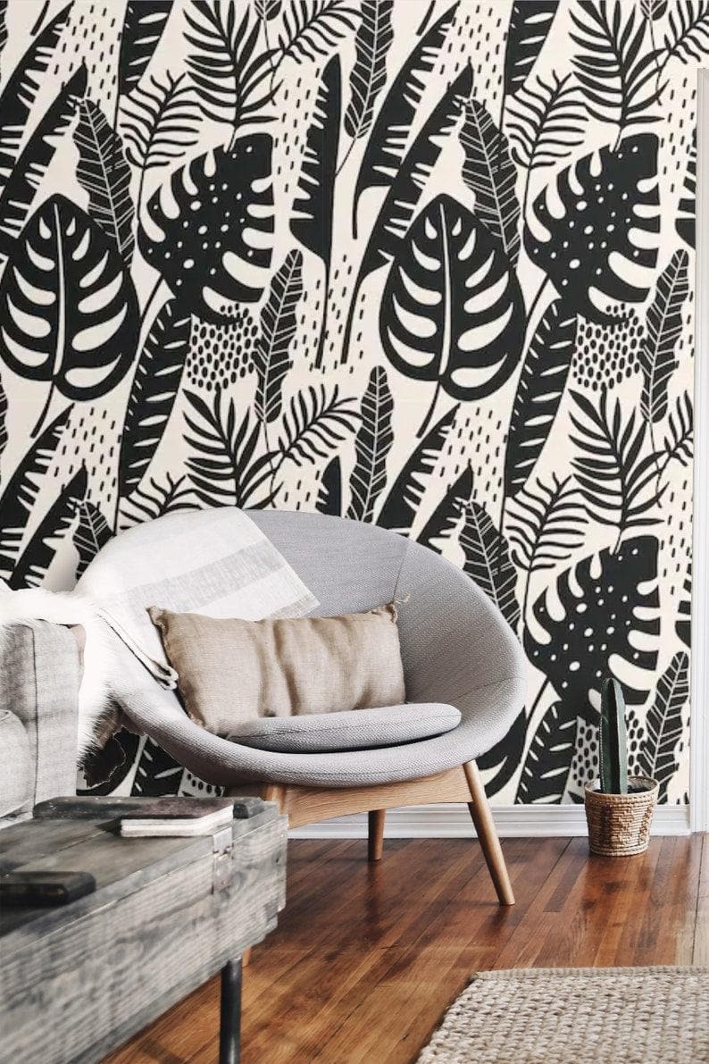 Black Illustrated Monstera Botanical Wallpaper