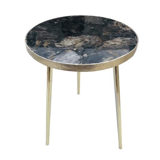 Black Petrified Wood Agate Round Edge Side Table - MAIA HOMES