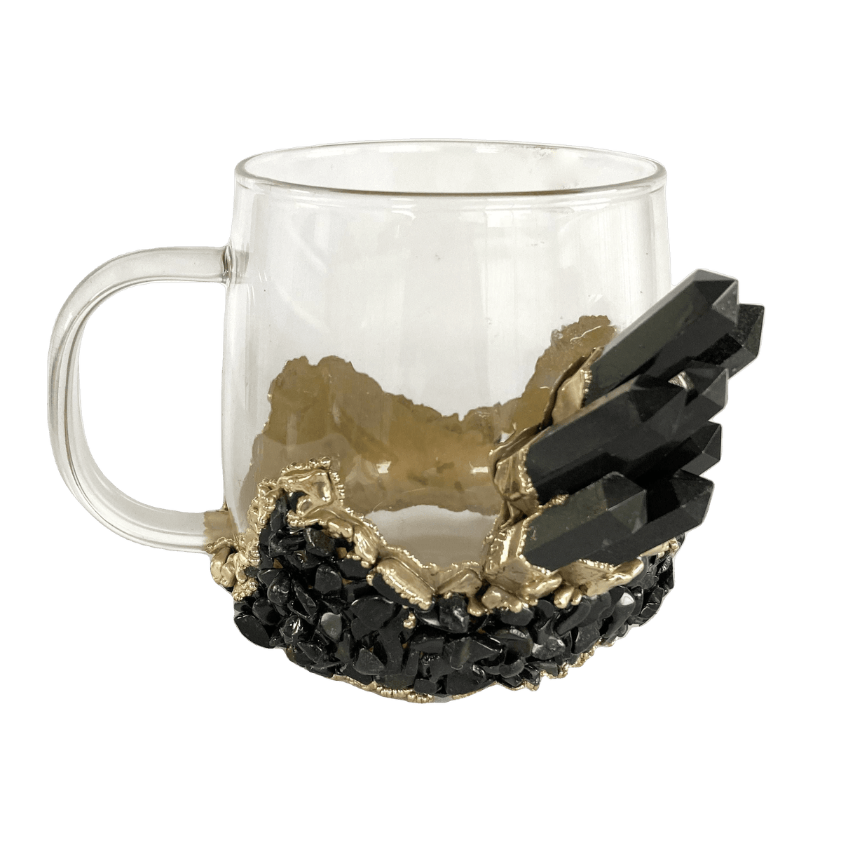 Black Quartz Glass Coffee Mug with Handle - Set of 2 Rose Gold Finish