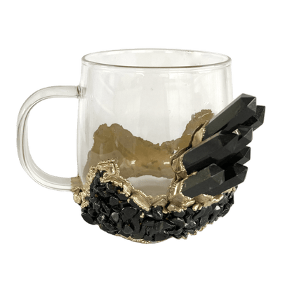 Black Quartz Glass Coffee Mug with Handle - Set of 2 Rose Gold Finish