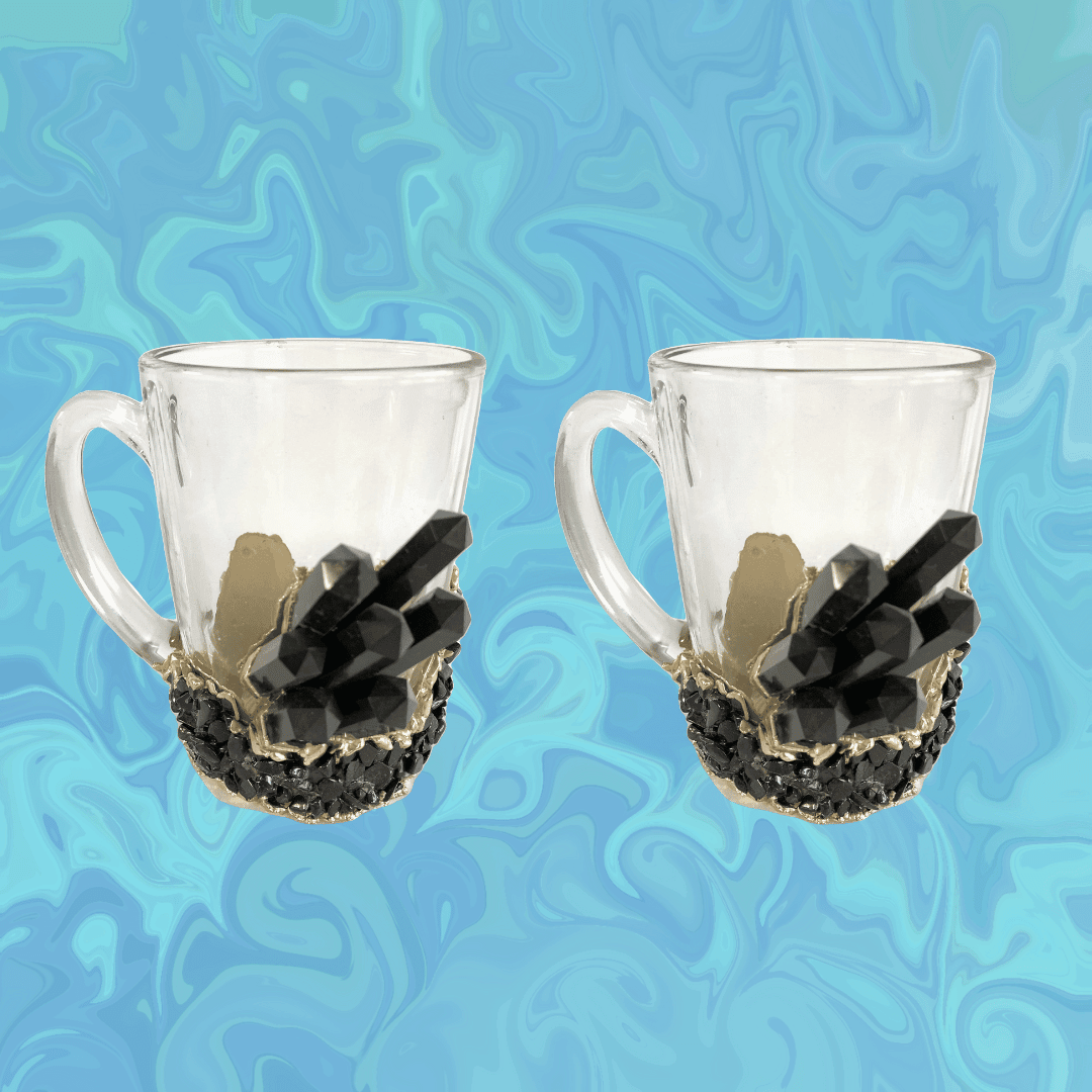 Black Quartz Glass Coffee Mug with Handle - Set of 2 - Gold finish