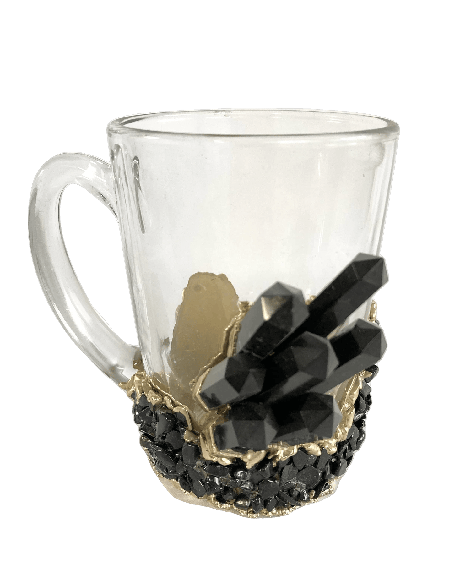 Black Quartz Glass Coffee Mug with Handle - Set of 2 Rose gold finish