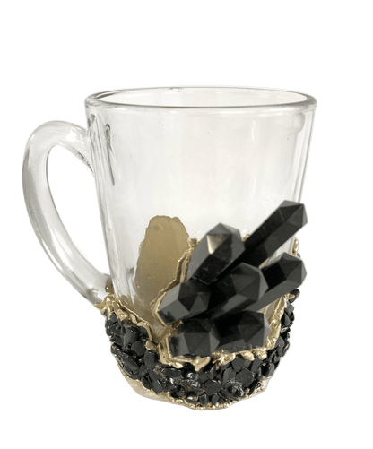 Black Quartz Glass Coffee Mug with Handle - Set of 2 Rose gold finish