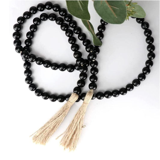 Black Wooden Beads Garland with Tassels - 68in - MAIA HOMES