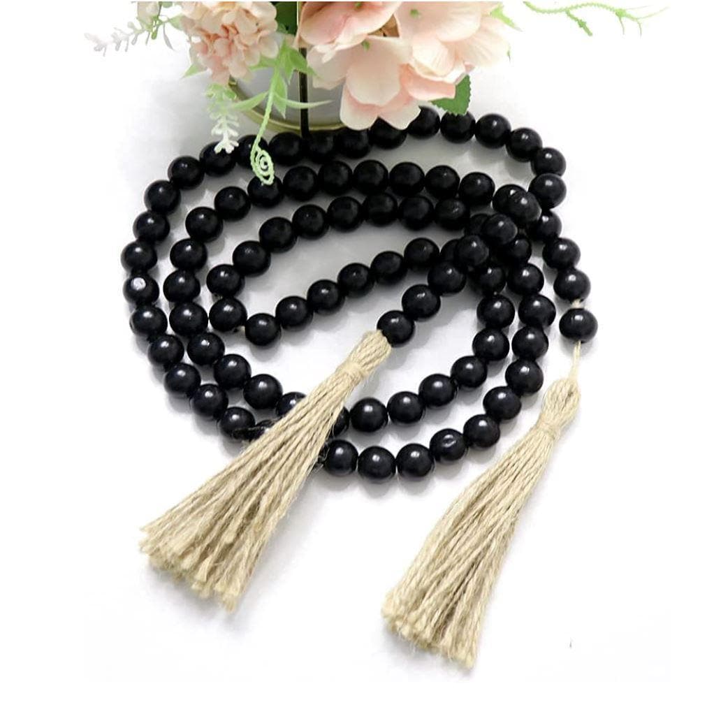 Black Wooden Beads Garland with Tassels - 68in