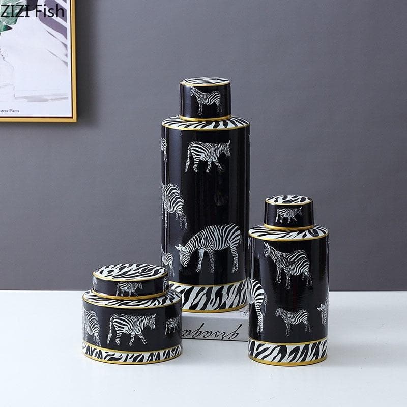 Black Zebras Ceramic Jar with Lid