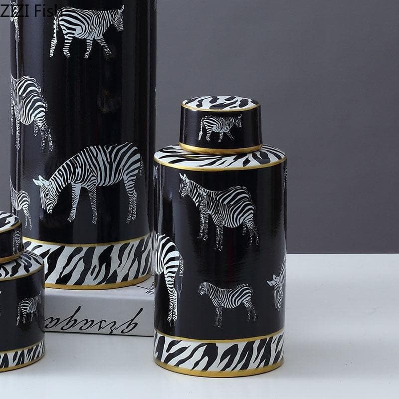 Black Zebras Ceramic Jar with Lid