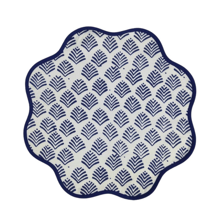 Block Printed Blue Leaf Scalloped Round Placemats