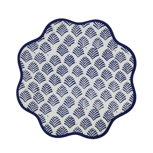 Block Printed Blue Leaf Scalloped Round Placemats - MAIA HOMES