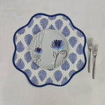 Block Printed Blue Leaf Scalloped Round Placemats