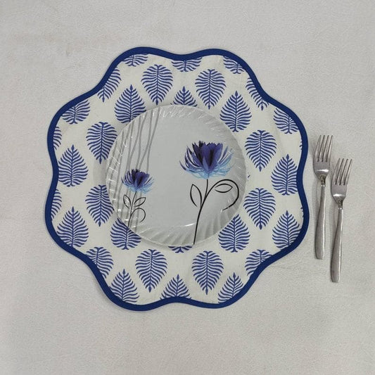 Block Printed Blue Leaf Scalloped Round Placemats - MAIA HOMES