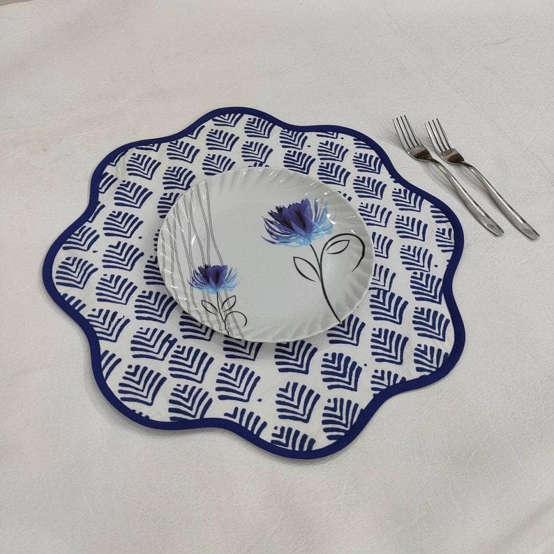 Block Printed Blue Leaf Scalloped Round Placemats