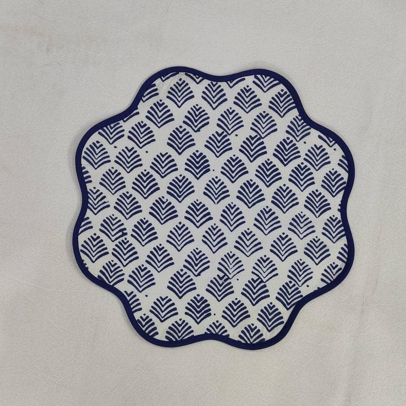 Block Printed Blue Leaf Scalloped Round Placemats