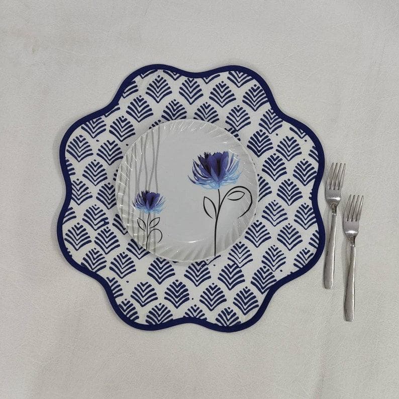 Block Printed Blue Leaf Scalloped Round Placemats