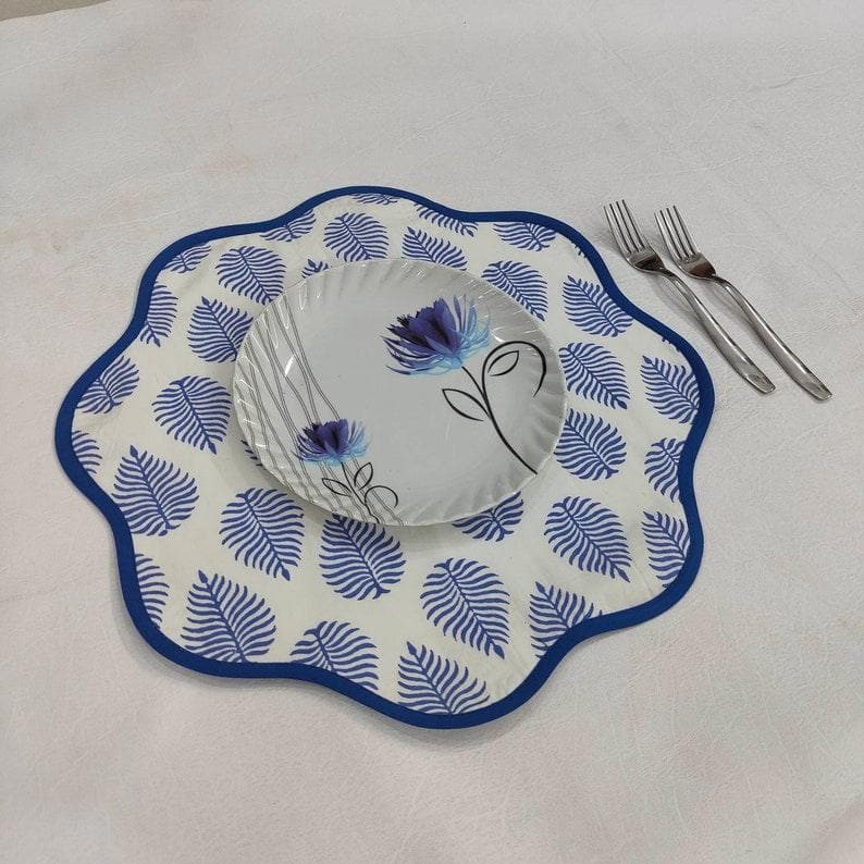 Block Printed Blue Leaf Scalloped Round Placemats