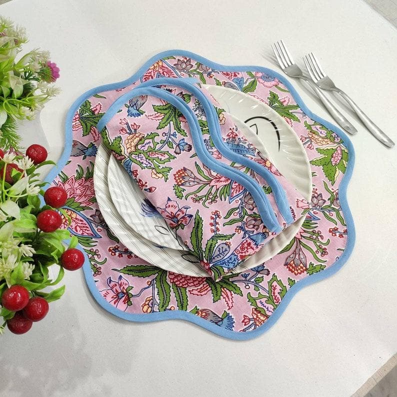 Block Printed Floral Scalloped Cotton Placemats