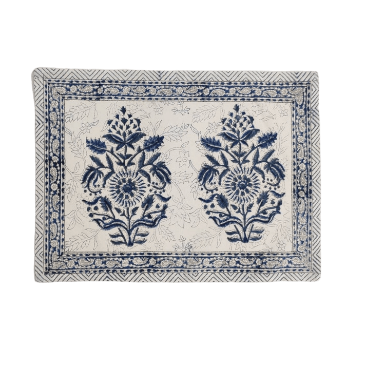 Block Printed Floral White and Blue Cotton Placemats