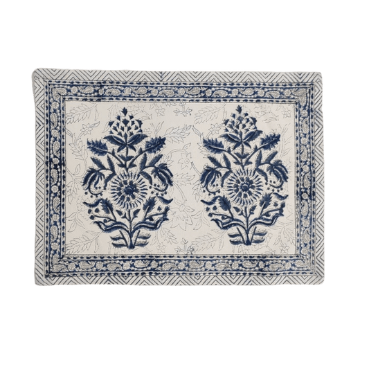 Block Printed Floral White and Blue Cotton Placemats - MAIA HOMES
