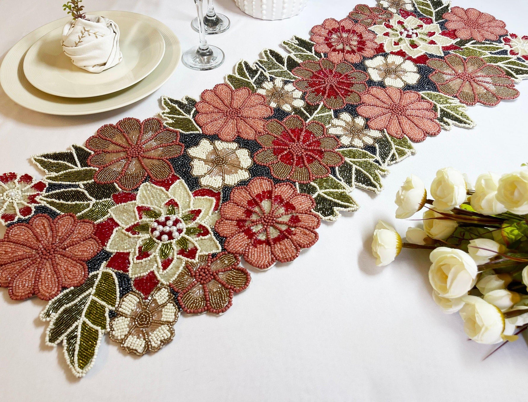 Blossoming Floral Garden Beaded Table Runner Default Title