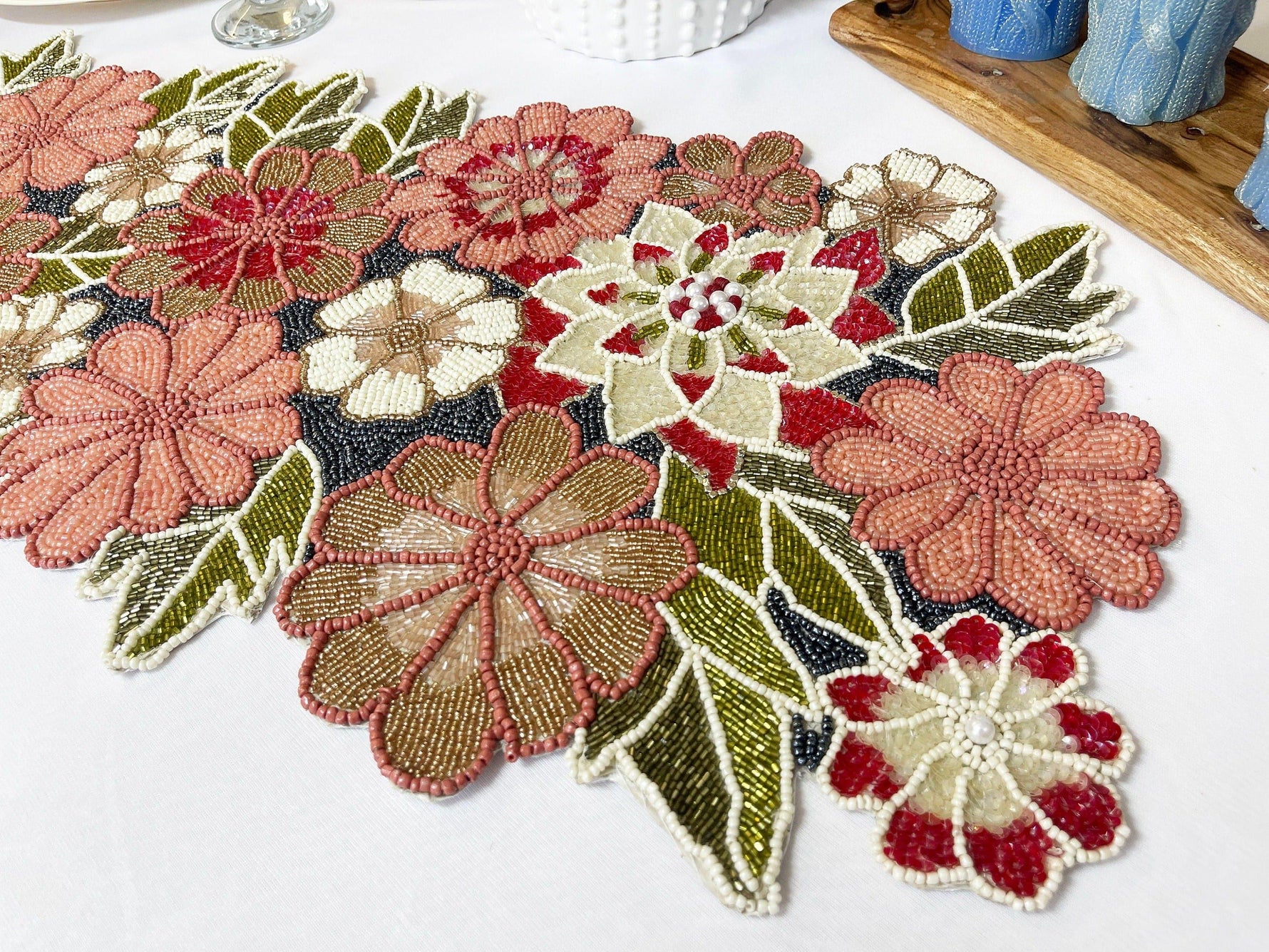 Blossoming Floral Garden Beaded Table Runner