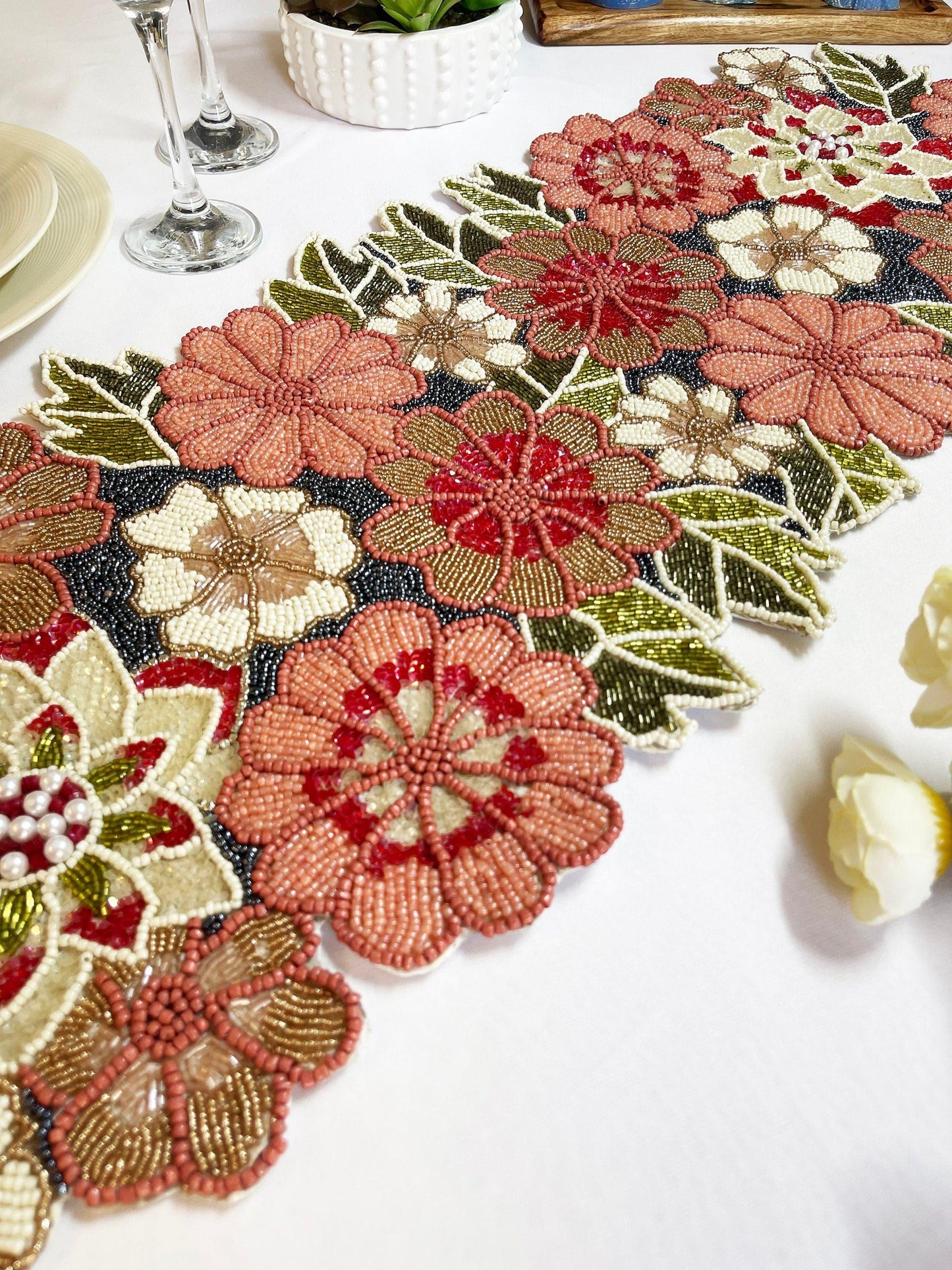 Blossoming Floral Garden Beaded Table Runner - MAIA HOMES